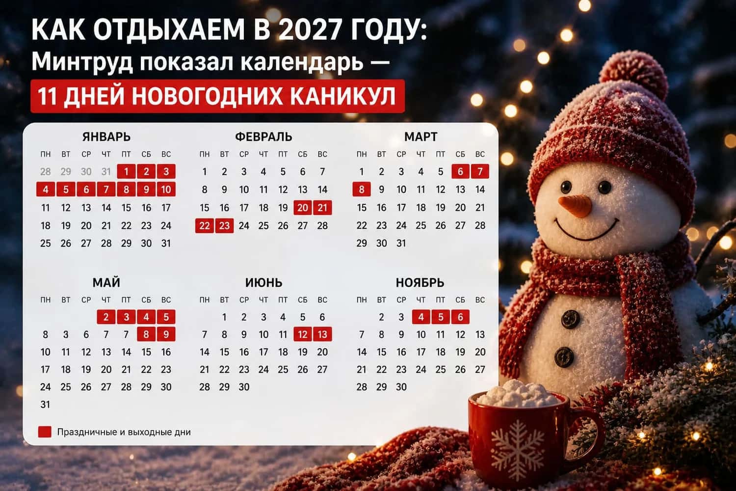 Как отдыхаем в 2027 году: Минтруд показал календарь — 11 дней новогодних каникул